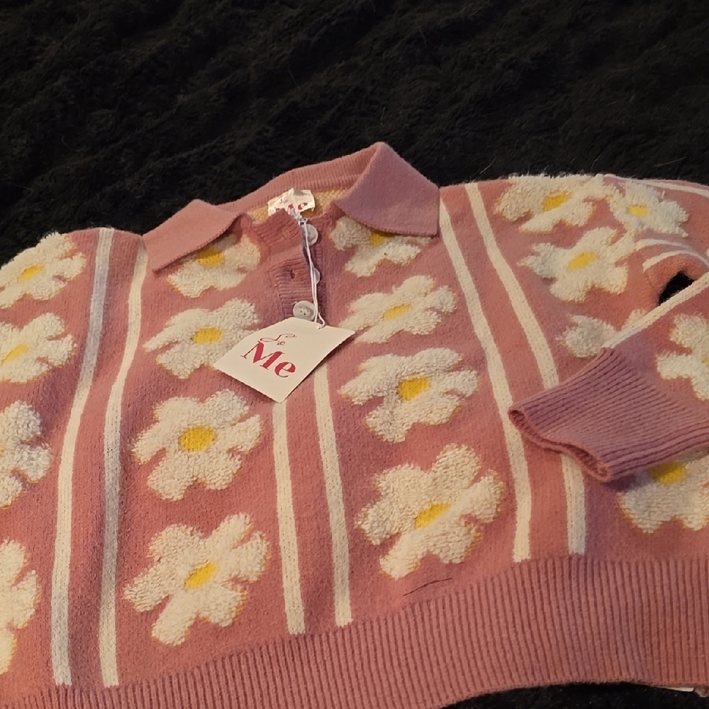 SO Pink and White Crew Neck Sweater with Ribbed Trim